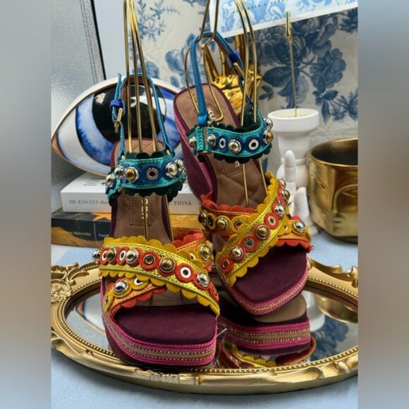 🆕 KURT GEIGER LONDON 🧿 NWOB Scalloped Stud X Wedge Heel Multicolor - Sz 37 US7 - Picture 6 of 12